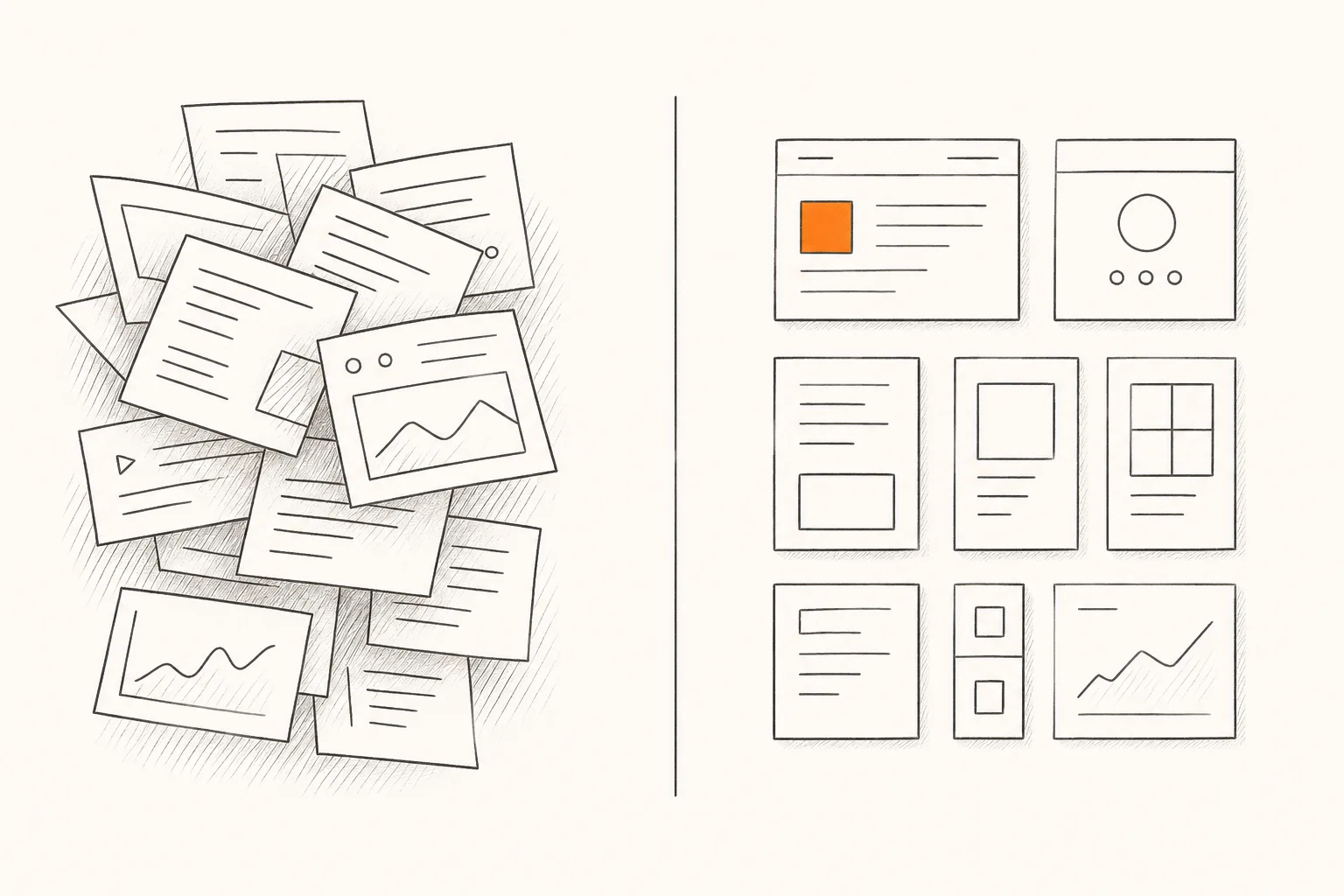Einzelne Inhalte wie Texte und Bilder werden in ein strukturiertes Seitenlayout mit klar angeordneten Inhaltselementen überführt.