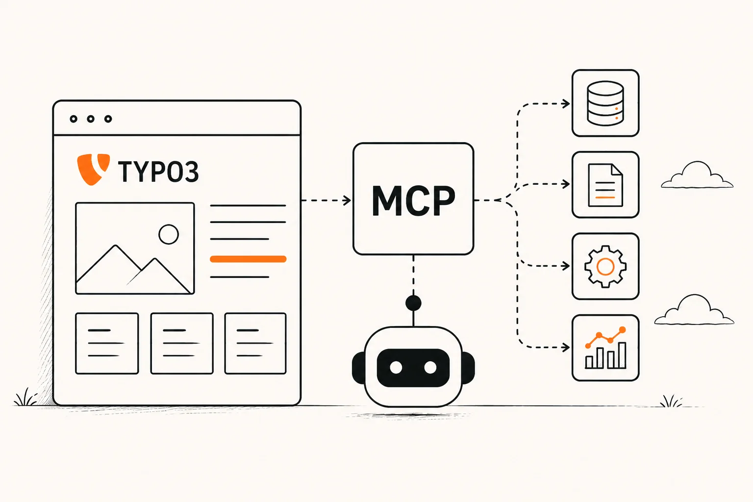 TYPO3 ist über eine MCP-Schnittstelle mit einem KI-Agenten verbunden, der kontrolliert auf Inhalte und Funktionen des CMS zugreift.