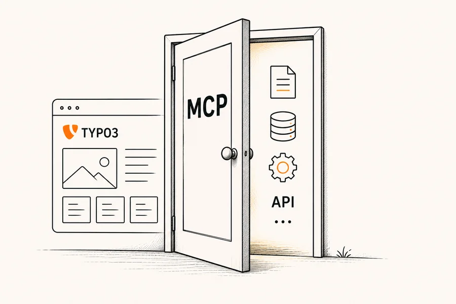 Geöffnete Tür mit der Aufschrift „MCP“ zwischen TYPO3 und verschiedenen APIs als Symbol für einen kontrollierten Zugang zu Daten und Funktionen.