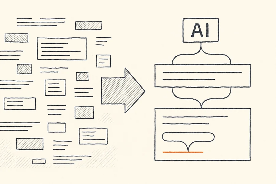 Abstrahierte Illustration einer Website-Struktur, die in ein KI-Antwortsystem übergeht