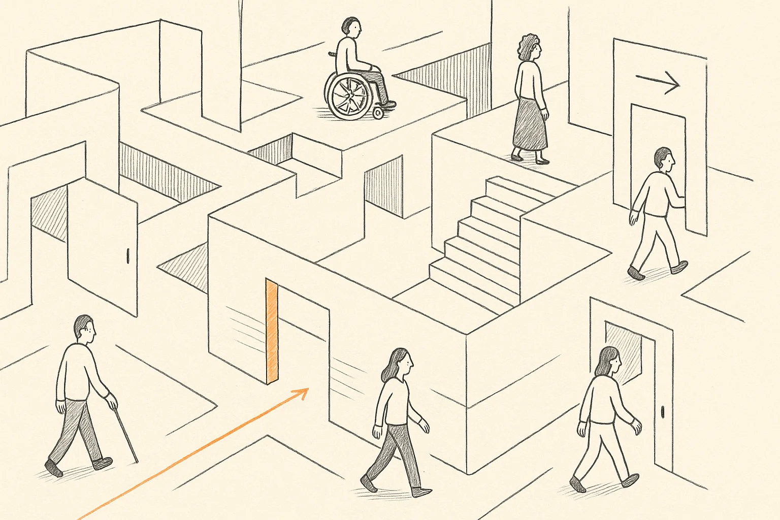 Editoriale Illustration zu digitaler Barrierefreiheit mit mehreren Zugängen und einem offenen Weg