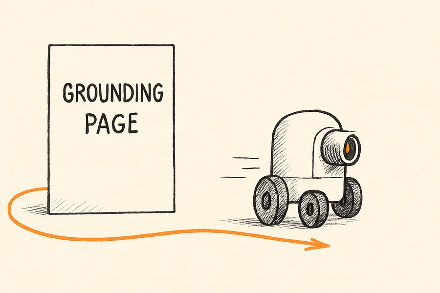 Ein KI-Crawler fährt an einer Seite mit der Aufschrift „Grounding Page“ vorbei.